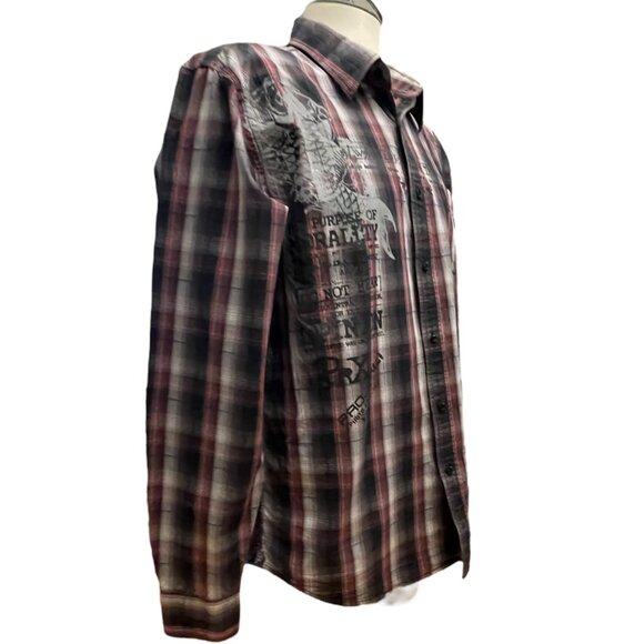 Projek Raw Shirt Mens XL Black Red Gray Plaid Graphic Button Up Long Sleeve - Picture 3 of 12